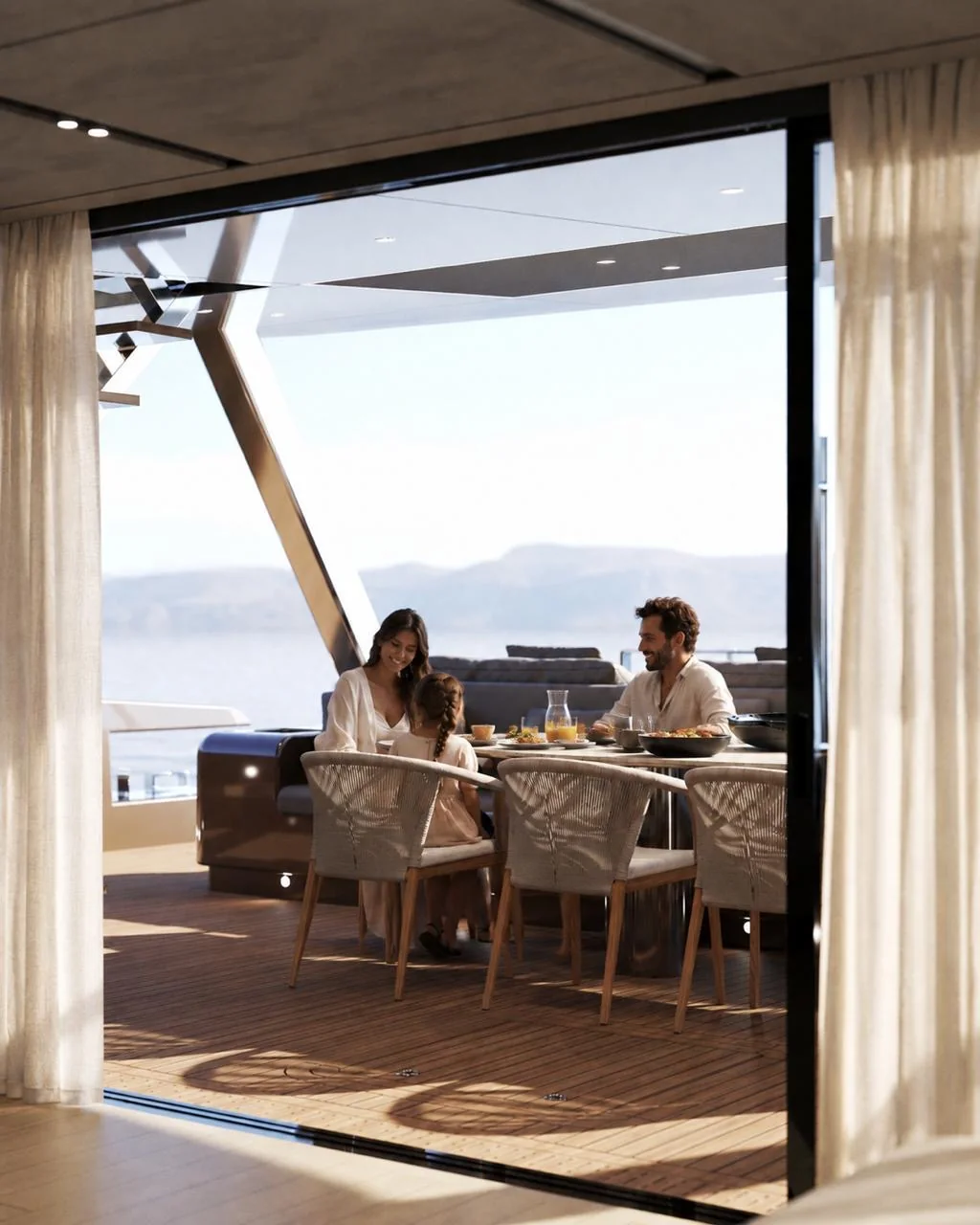 Family dining on board